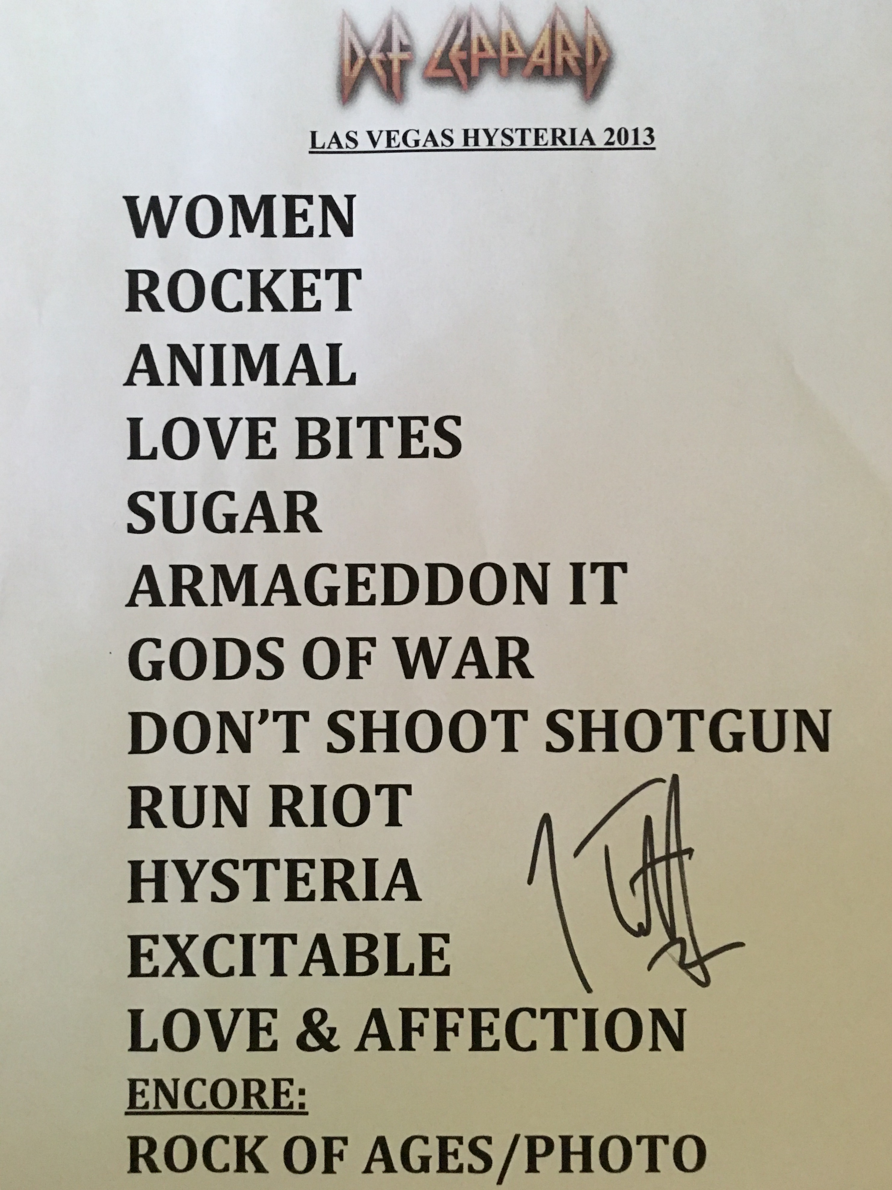 Here’s a chance to win an authentic original autographed setlist by Joe Elliott of Def Leppard from the 2013 Las Vegas, Viva! Hysteria shows