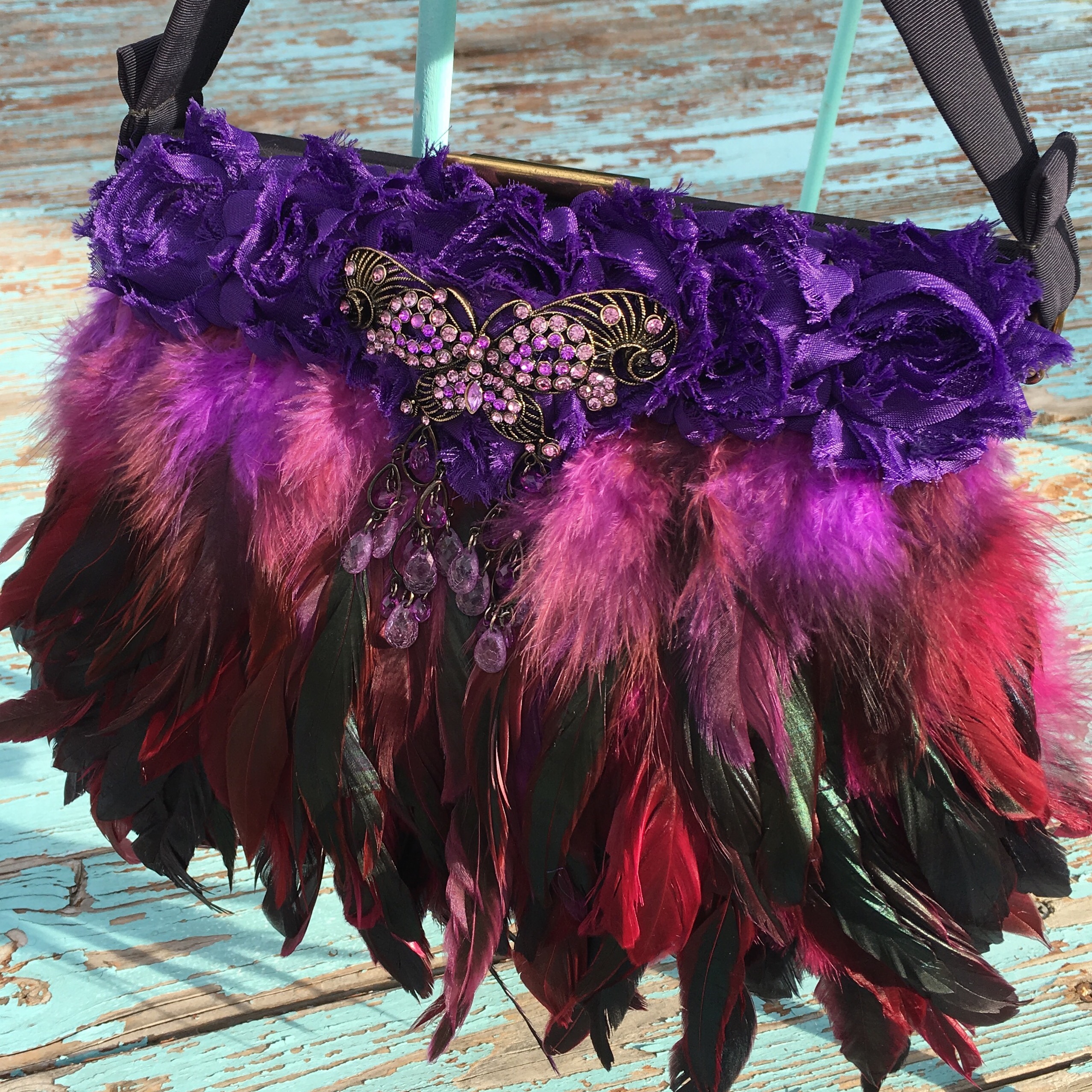 Purple Butterfly Vintage Feather Handbag - One of a kind 