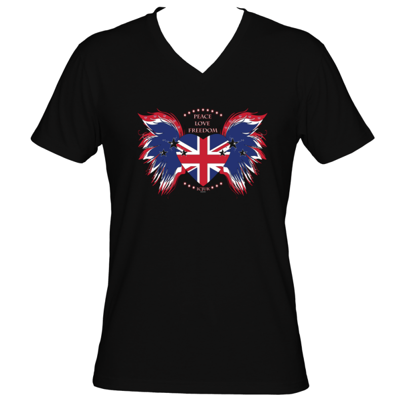 Union Jack Heart with wings Peace Love Freedom Unisex V neck