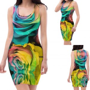 Exclusive Turquoise and Yellow Roses Comfy soft Bodycon Dress