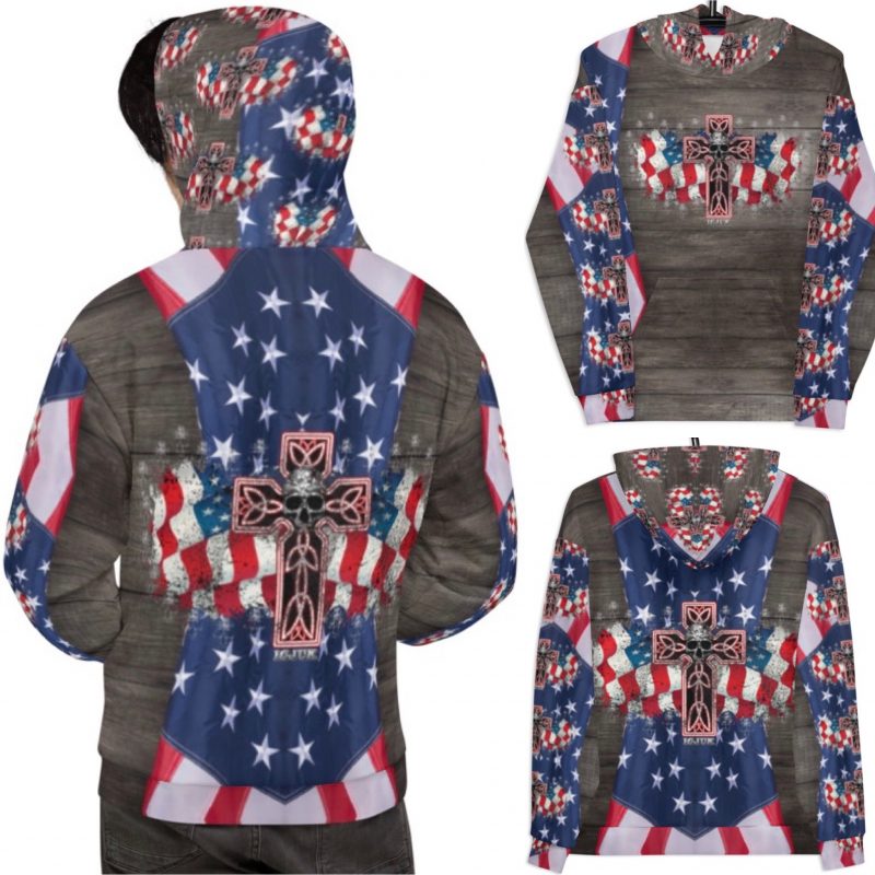 Exclusive Unisex USA Flag Cross & Skulls All over print pullover Hoody