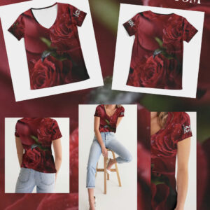 All over Print Women’s V-Neck Tee red roses with ICJUK on sleeve
