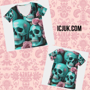 All over Print Women’s V-Neck Tee ICJUK Turquoise Skulls & Rose Riot