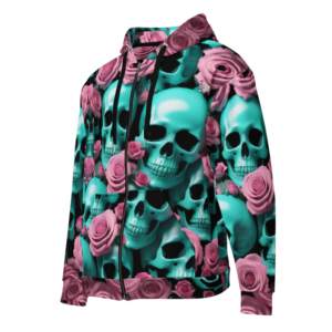 ICJUK All-Over Print Unisex Zipper Hoodie Turquoise Skulls & Rose Riot