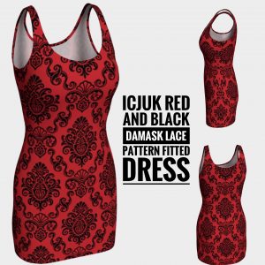 ICJUK Red and Black Damask Lace Pattern Bodycon Sexy Exclusive Custom Printed Dress