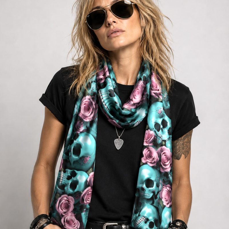 ICJUK Designer Sheer Chiffon Custom Printed Scarf Turquoise Skulls & Rose Riot
