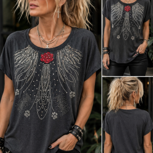 One-of-a-Kind Crystal Angel Wings Dolman Top – Ladies Large