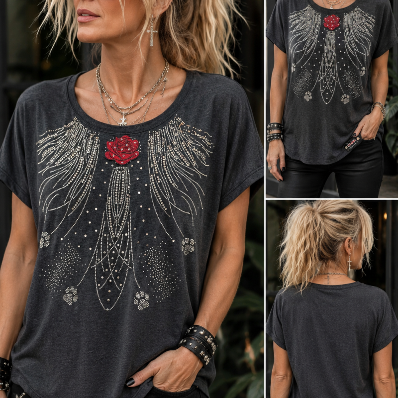 One-of-a-Kind Crystal Angel Wings Dolman Top – Ladies Large