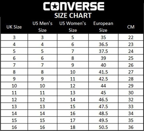 Converse Official Size Chart