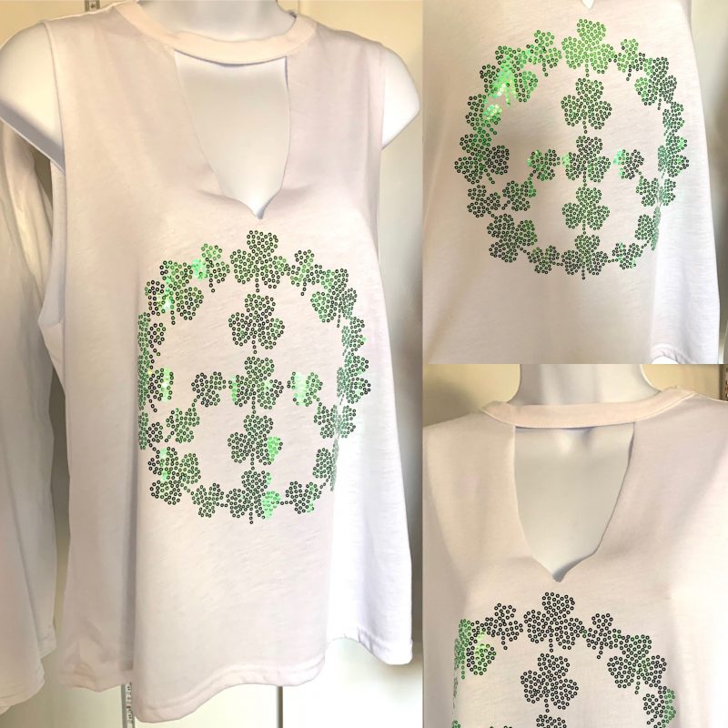 Relaxed Cut V Neck Tank with Peace sign Clover Green Sequins