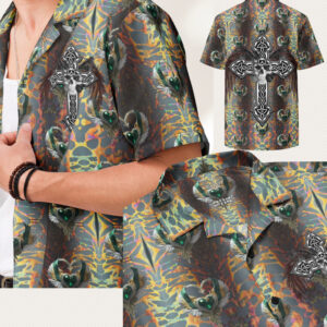 ICJUK Brown feather wings with Skull and Cross Unisex Button down short sleeve shirt