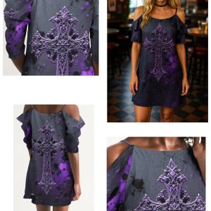 ICJUK Gothic Throne Cross Open Shoulder A-Line Dress