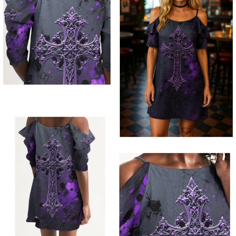 ICJUK Gothic Throne Cross Open Shoulder A-Line Dress