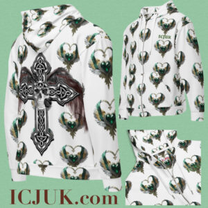ICJUK All-Over Print Unisex Zipper Hoodie Brown feather wings with Skull and Cross