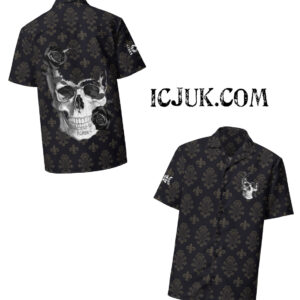 ICJUK Unisex Button down short sleeve shirt Black and White Skull