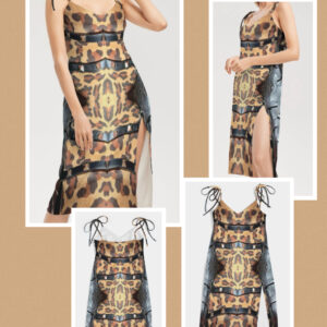 ICJUK Leopard and Buckles Women’s Tie Strap Split Dress