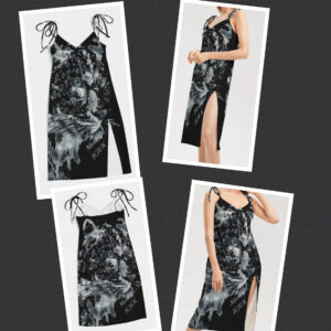 ICJUK Women’s Tie Strap Split Dress Black and White Leopard with Leopard Print