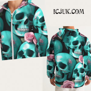 ICJUK Turquoise Skulls & Rose Riot Exclusive lightweight Windbreaker