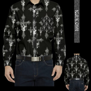ICJUK Custom Men’s Long Sleeve Pocket Shirt Black and White Skull