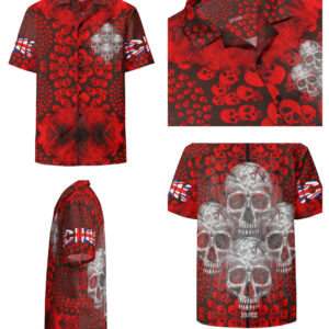 ICJUK Unisex Button down short sleeve shirt Red Quadskulls