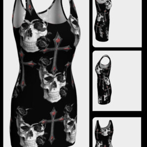 ICJUK Bodycon Sexy Exclusive Custom Printed Dress Black and White Skull with Red Cross