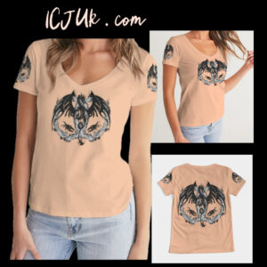 All over Print Women’s V-Neck Tee Peach Fuzz Black and White Dragon
