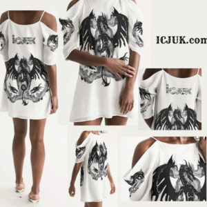 ICJUK Open Shoulder A-Line Dress Black and White Eternal Dragon