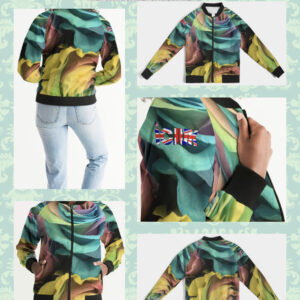 Exclusive ICJUK Custom made Women’s Bomber Jacket Turquoise and Yellow Roses