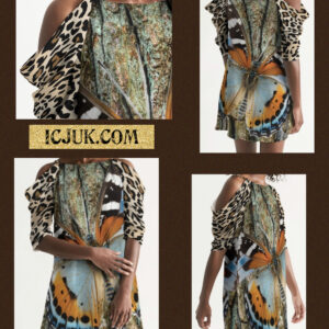 ICJUK Open Shoulder A-Line Dress Natural Earth Tones Butterfly