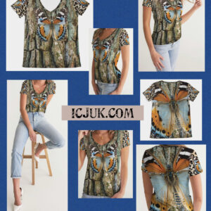 All over Print Women’s V-Neck Tee ICJUK Natural Earth Tones Butterfly