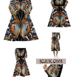 All-Over Print Long Sleeve Dress with Pockets ICJUK Natural Earth Tones Butterfly