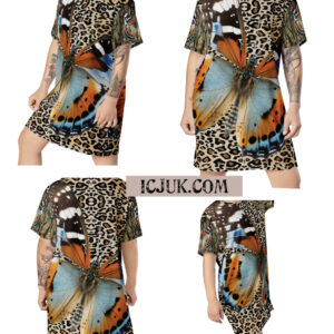 All-Over Print T-Shirt Dress ICJUK Natural Earth Tones Butterfly