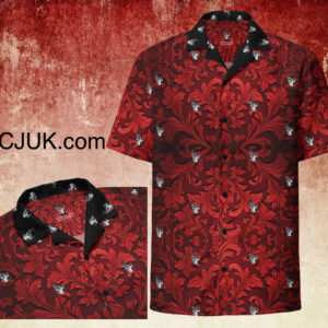 ICJUK Unisex Button down short sleeve shirt Red with Small Black and White Skulls