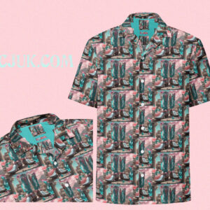 ICJUK Unisex Button down short sleeve shirt Turquoise and Pink Cowboy Boots