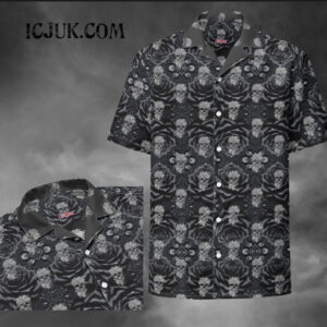 ICJUK Unisex Button down short sleeve shirt Lace Skull and Roses