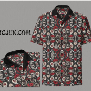 ICJUK Unisex Button down short sleeve shirt Red Roses Skulls and feathers