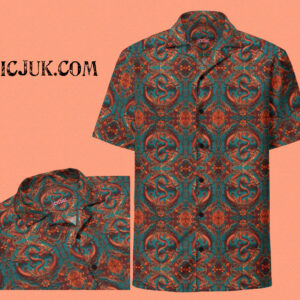 ICJUK Unisex Button down short sleeve shirt Turquoise and Orange Dragons
