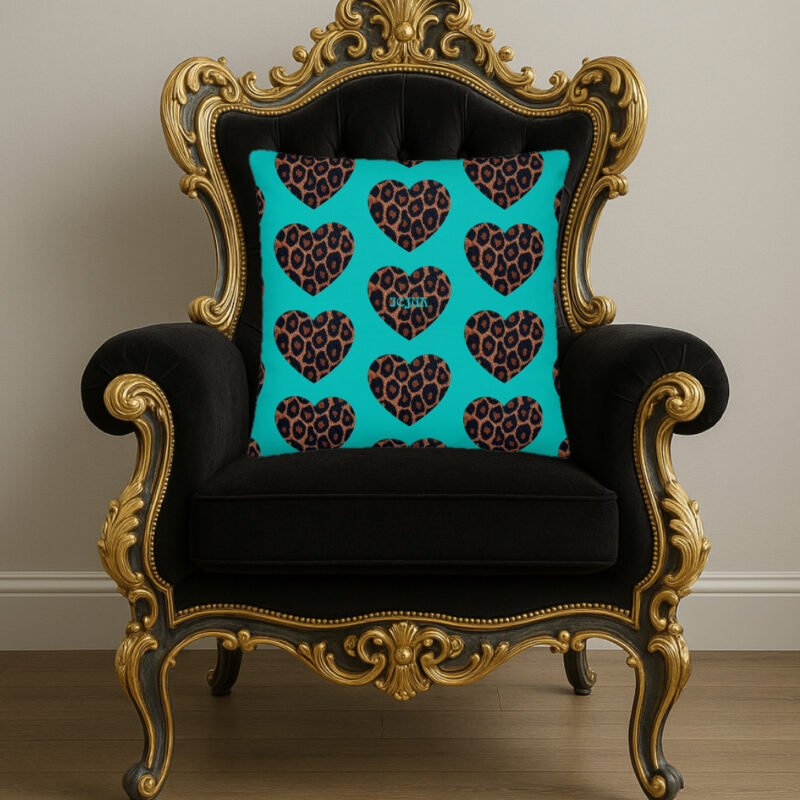 Exclusive ICJUK Teal Leopard Heart Large Pillow – 22" x 22"