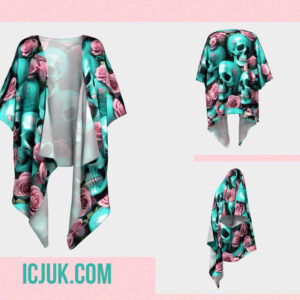 ICJUK open style Kimono lightweight sheer cover up Turquoise Skulls & Rose Riot