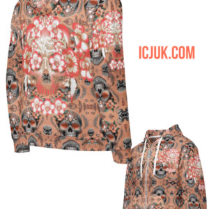 ICJUK All-Over Print Unisex Zipper Hoodie Silver Peach Skull OA Floral Skull