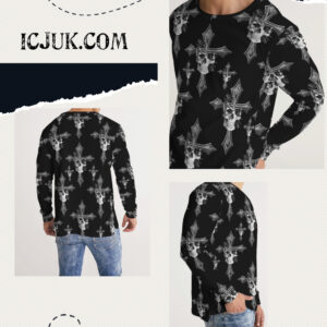 Men’s Slim fit Long Sleeve Tee Black and White with Crosses