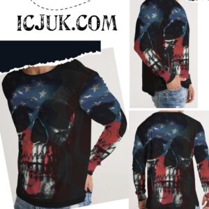 Men’s Slim fit Long Sleeve Tee Large USA Skull