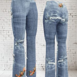ICJUK Ripped Denim Rockstar Rock and Rose Wisdom Flare Leggings