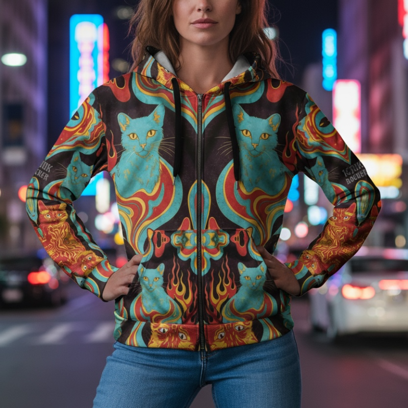 ICJUK Rocker Retro Kitty All-Over Print Unisex Zipper Hoodie