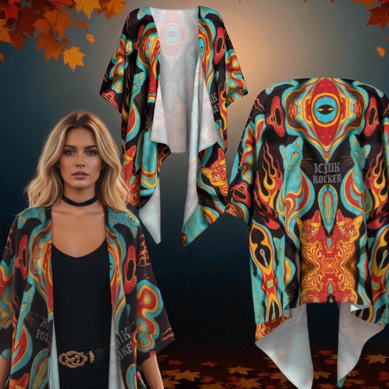 ICJUK Rocker Retro Kitty open style Kimono lightweight sheer cover up
