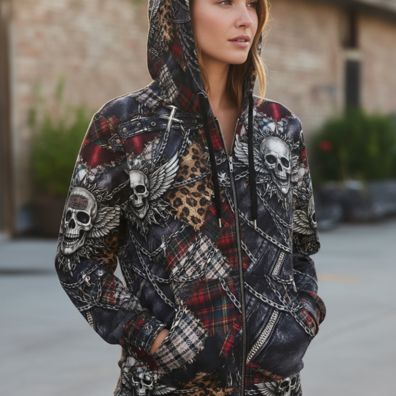 ICJUK Tartan & Chains: Skull Dominion All-Over Print Unisex Zipper Hoodie