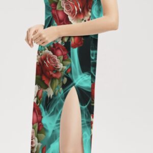 ICJUK Women’s Tie Strap Split Dress Turquoise and red roses