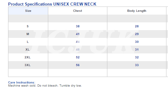 Unisex Crew Neck Sizing Chart