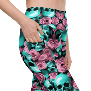 ICJUK All-Over Print Leggings with Pockets Turquoise Skulls & Rose Riot