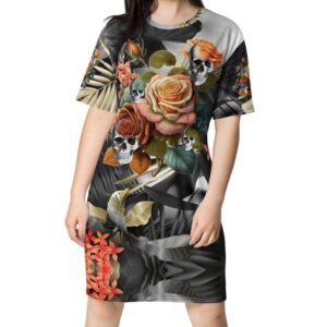 ICJUK All-Over Print T-Shirt Dress Black and Gold Tropical Rock and Rose Wisdom